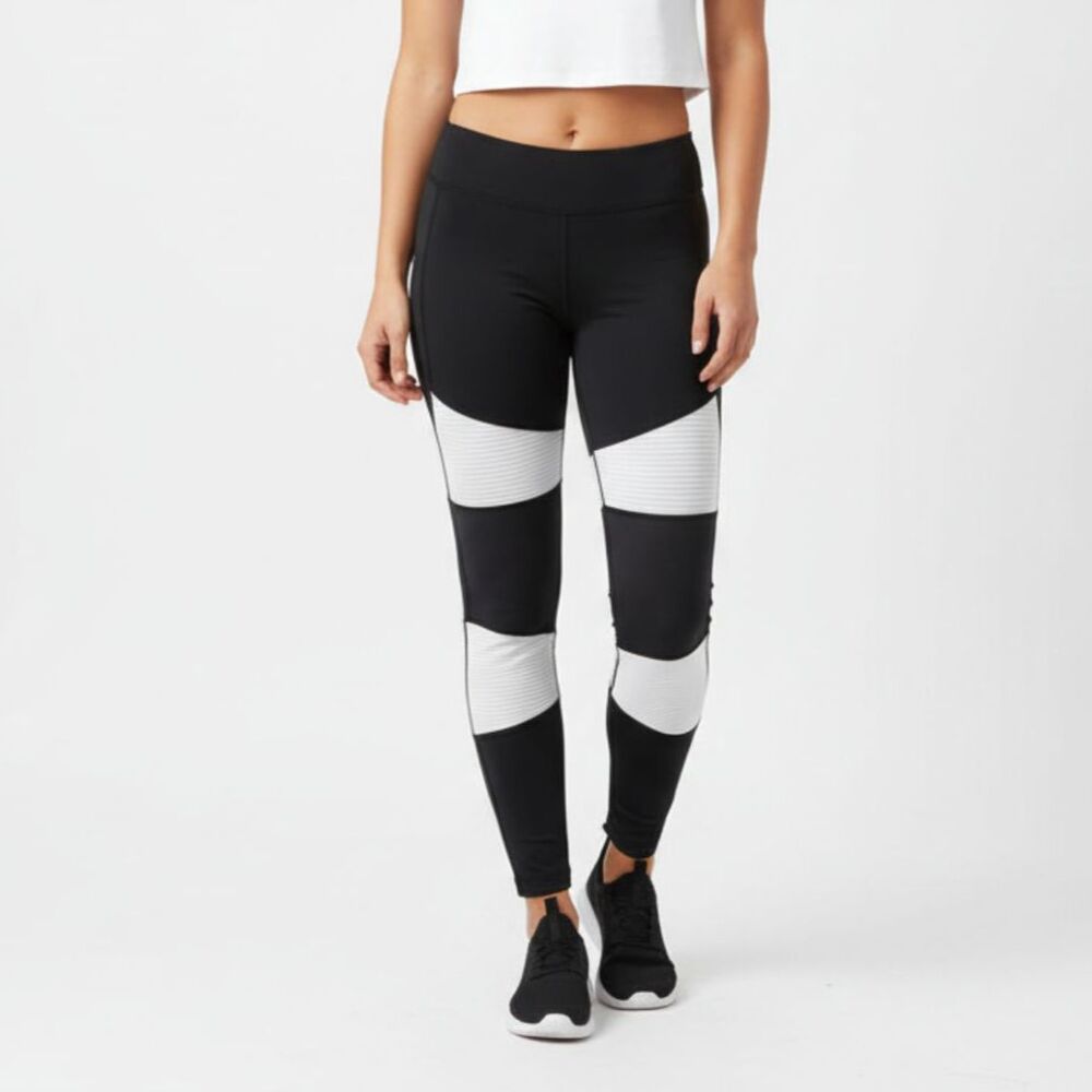 Alala Black & White Stripe Leg Athletic Sport Workout Tights Pants S